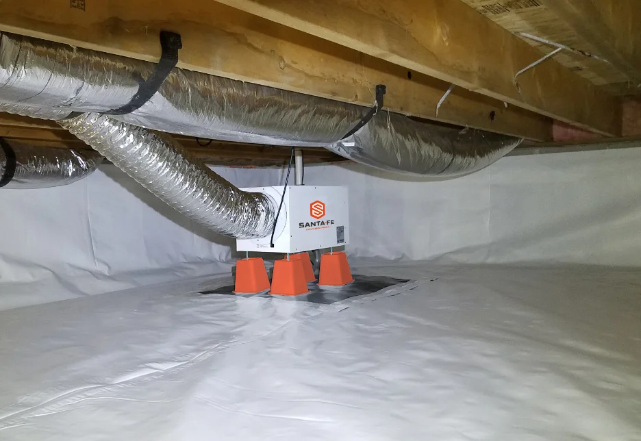 Your completed crawlspace with white encapsulation liner and an installed dehumidifier